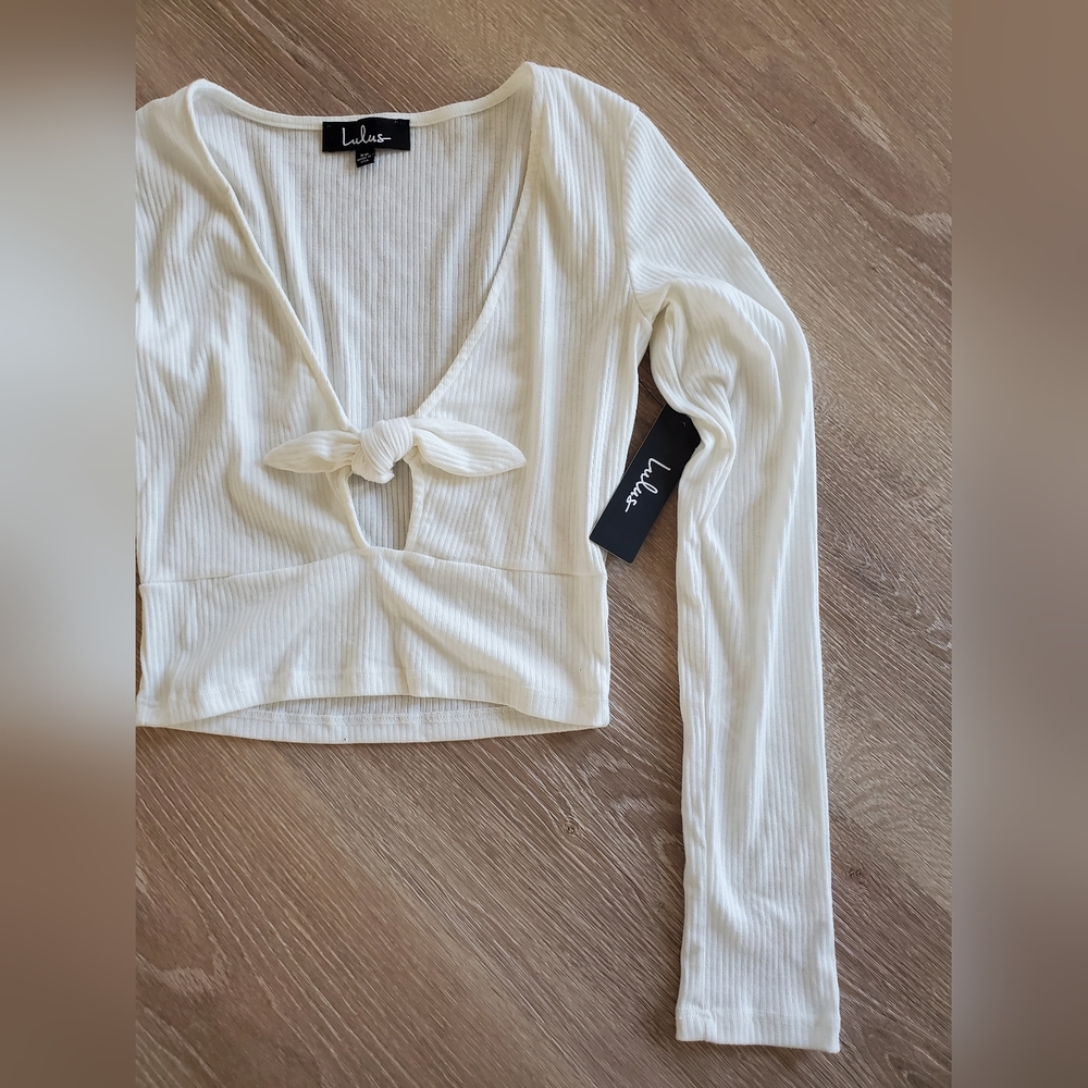 Lulus Poppi White Ribbed Tie-Front Long Sleeve Crop Top XS - Picture 5 of 11